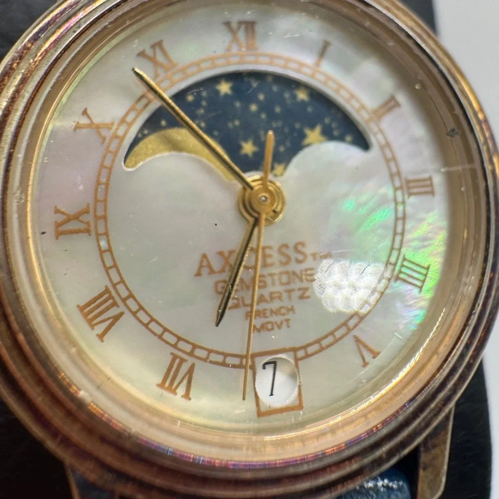 Axcess Gemstone Moon Phase Watch Blue Leather Strap Mother of Pearl parts